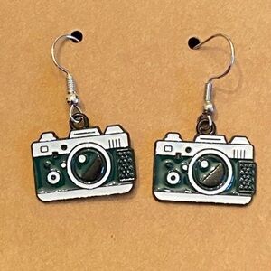 Retro Camera Earrings with Green and white Accents